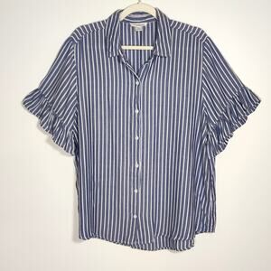 Beach Lunch Lounge Blue White Stripe Ruffle Sleeve Blouse XL Coastal